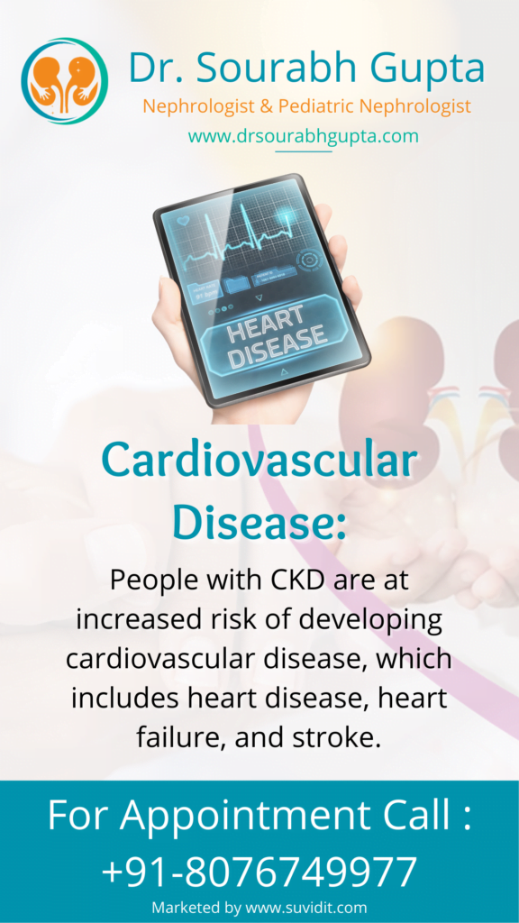 Cardiovascular disease: People with CKD are at increased risk of developing cardiovascular disease, which includes heart disease, heart failure, and stroke.
