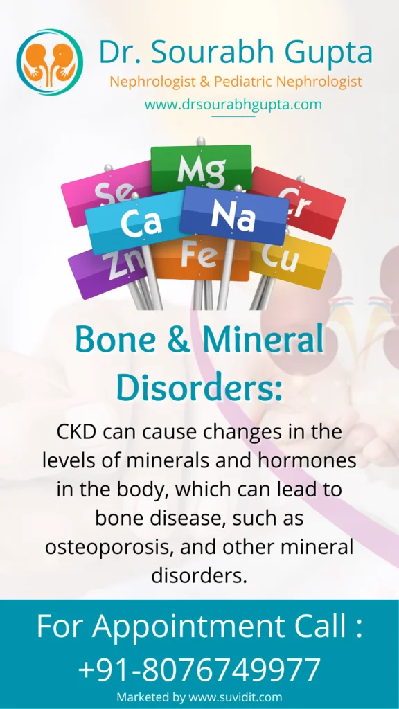 CKD can cause changes in the levels of minerals and hormones in the body, which can lead to bone disease, such as osteoporosis, and other mineral disorders.